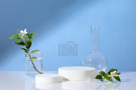 Foto de Pódiums redondos en diferentes tamaños que se muestran con una placa de Petri, un vaso de precipitados y un matraz de florencia de fondo plano. Ciencia publicidad laboratorio fondo - Imagen libre de derechos