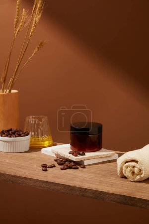 Photo for Vintage brown background for advertising coffee-based skin care products. An amber jar displayed on podiums with coffee beans, towel and small vase on wooden pedestal. Front view - Royalty Free Image