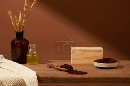 Photo for Front view of wooden pedestal for product presentation with coffee powder decorated. Vintage brown background with blank space for display mockup bottle. Concept for organic product - Royalty Free Image