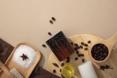 Photo for Coffee beans, anise star and bath salt decorated with wooden trays and amber jar unlabeled on beige background. Top view, concept for organic product with coffee ingredient for body care - Royalty Free Image