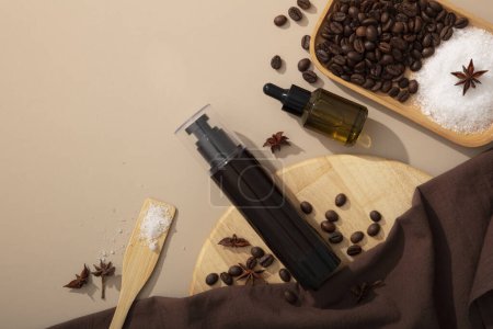 Photo for Mockup scene for advertising organic product with ingredient from coffee bean. Amber pump bottle and glass dropper bottle decorated with coffee bean, anise star and bath salt on beige background - Royalty Free Image