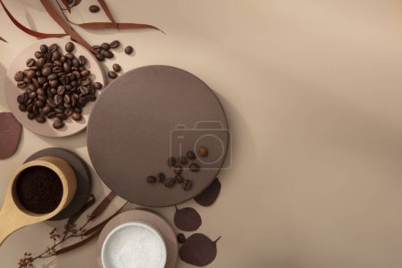 Photo for Top view, flat lay coffee beans decorated with round podiums and dry branch leaves on brown background. Empty space on podium for product presentation. Copy space - Royalty Free Image