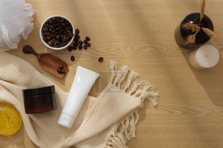 Photo for Scene for advertising and branding product with minimal style. Set of skin care product displayed with towel, bowl of coffee beans and honey on wooden background. Concept for organic cosmetic - Royalty Free Image