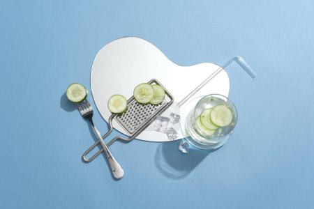 Photo for A mirror arranged with cucumber slices, grater, straw, fork and a glass of water. Cucumber (Cucumis sativus) is a food that contains many vitamins and minerals - Royalty Free Image