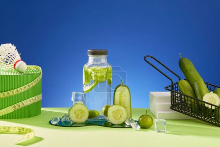 Photo for Cucumber detox water filled inside a bottle displayed with slices of cucumbers. A podium with a shuttlecock and tape measure featured. Branding mockup - Royalty Free Image