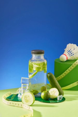 Photo for Front view of detox water bottle decorated with kumquats and cucumber cut in round slices. Cucumber has the ability to reduce swelling and puffiness on the skin - Royalty Free Image