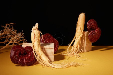 Photo for Front view of fresh ginseng roots and lingzhi mushrooms displayed on wooden podiums on black background. Ganoderma and ginseng are rare herbs and contains high levels of nutrients - Royalty Free Image