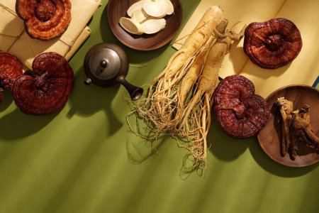 Photo for Photo for medicine advertising. Some rare herbs decorated, fresh ginseng roots, red ginseng roots and ganoderma mushrooms displayed on green background. Blank space for presentation product - Royalty Free Image