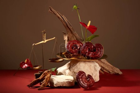 Photo for Concept for advertising herbal ingredient with ganoderma mushroom and red ginseng. Block of stones, twig and scale decorated with herbal on brown background. Space for design - Royalty Free Image