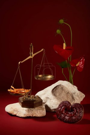Photo for Minimal scene for advertising product with herbal and modern concept. Cordyceps on scale, lingzhi mushroom, beige stones and flower decorated on red background. Space for display mockup product - Royalty Free Image