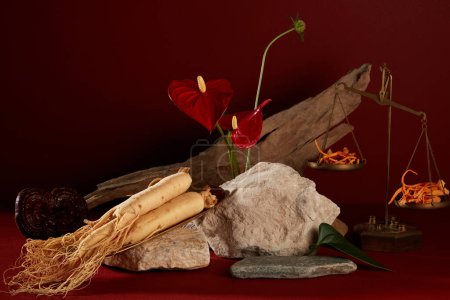 Photo for Abstract background for branding and minimal presentation with rare medicinal herbs. Ginseng root, cordyceps and lingzhi mushroom decorated with stones, dry twigs and red flower - Royalty Free Image