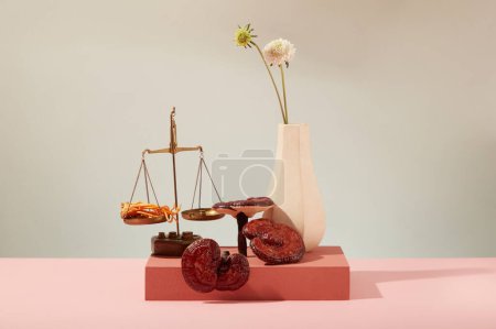 Photo for Front view of ganoderma mushroom decorated with cordyceps on golden scale and ceramic vase of flower on red podium on gray background. Scene for advertising product with herbal ingredient - Royalty Free Image