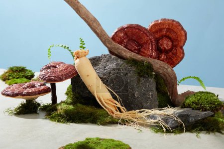 Photo for Mini creative scene with decorated herbal ingredients, lingzhi mushrooms and ginseng roots on moss with stone blocks and twigs on a blue background. Empty space for display product mockup - Royalty Free Image