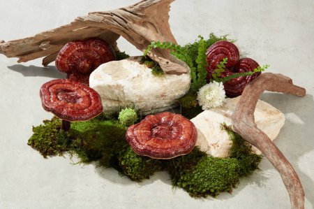 Against the cement background, fresh ganoderma mushrooms decorated with green moss, dry twigs and blocks of stone. Advertising photo with blank space for display product. Rare herbal good for health