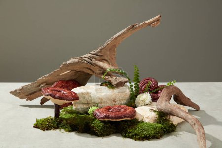 Photo for Concept for medicine product with Lingzhi mushroom ingredient. Blocks of stone decorated with twigs, moss and ganoderma mushroom on gray background. Empty space for design - Royalty Free Image