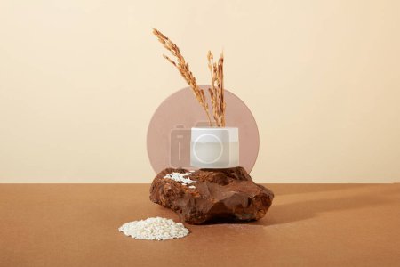 Téléchargez les photos : Un pot de lotion non étiqueté est placé sur une dalle de pierre avec du riz à grains entiers. Une feuille acrylique circulaire est affichée. Cosmétiques extraits du son de riz - doux et sans danger pour la peau. - en image libre de droit