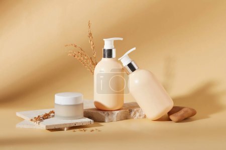 Cosmetic mockups placed on podiums on a beige background for advertising. Rice bran extract - safe and benign on the skin. Copy space. Natural cosmetics.