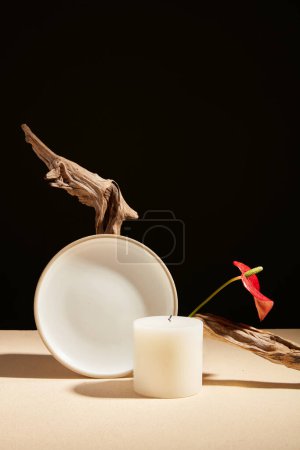 Téléchargez les photos : Vue de face d'une bougie blanche placée sur une table avec branche séchée, plat en céramique et fleur. Fond beige et noir. Espace exquis pour l'affichage du produit. Espace de copie. - en image libre de droit