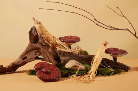 Foto de El tronco de árbol seco está decorado con setas lingzhi, ginseng y musgo sobre un fondo minimalista. La vieja escena del bosque se simula. Concepto de salud con hierbas preciosas. - Imagen libre de derechos
