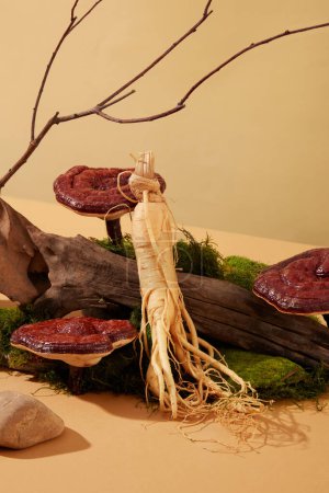 Photo for Green moss is covered on the floor. Ganoderma mushrooms and ginseng roots are placed next to the log. Pastel background with drop shadow. Close-up of precious medicinal herbs. Scene for advertising. - Royalty Free Image