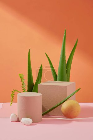 Photo for Space for display radiant aloe vera cosmetics on varied podiums, positioned on a pink table against an orange backdrop with lush aloe leaves-a perfect promotional setting. - Royalty Free Image