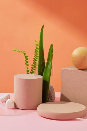 Photo for Aloe vera-enriched cosmetics shine on diverse podiums amid a pink table, set against an orange backdrop with lush aloe leaves-an ideal promotion space. - Royalty Free Image