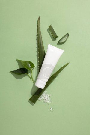 Photo for View from above of unlabeled cream tube displayed on a green background with fresh aloe vera, salt and green leaves. Skin care with products containing natural ingredients. Copy space for advertising. - Royalty Free Image
