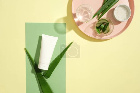 Photo for The white lotion tube is displayed with aloe vera. A glass of water, a bowl of salt and a glass containing sliced aloe vera are placed together on a pink ceramic plate. Mockup for advertising. - Royalty Free Image