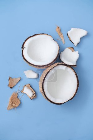 Téléchargez les photos : La noix de coco fraîche est divisée en deux moitiés et les morceaux de noix de coco de différentes tailles sont affichés sur un fond bleu. Scène utilisée à de nombreuses fins. - en image libre de droit