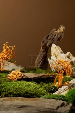Photo for Stone slabs of different sizes are placed on green moss with cordyceps. Minimalist brown background. Space for displaying and advertising products containing natural ingredients. - Royalty Free Image