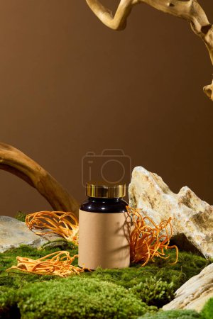 Photo for Front view of an unlabeled medicine bottle placed on a background of green moss with cordyceps. Stone slabs and tree roots are decorated around. Natural concept. - Royalty Free Image