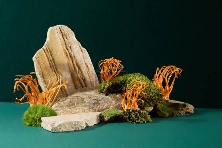 Photo for On a dark green background, stone slabs, cordyceps and green moss are displayed. Cordyceps contains the rare substance Selenium, which can help strengthen the body's immune system. - Royalty Free Image