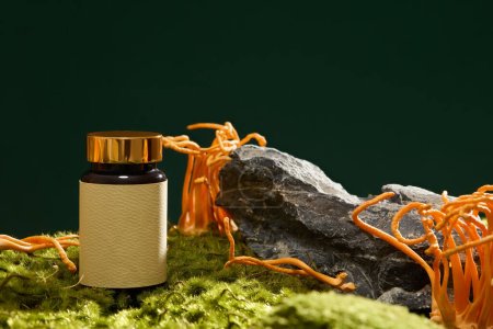 Photo for Close-up of a bottle of tonic placed on green moss, surrounded by a stone slab and cordyceps. Blank label for design and branding. Scene for drug advertising. - Royalty Free Image