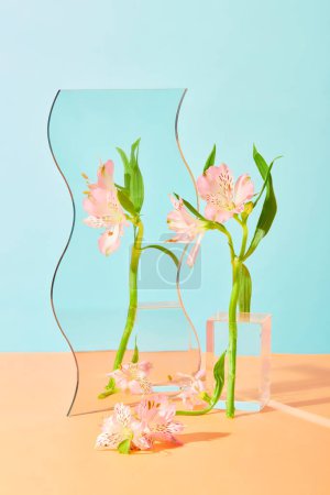 Téléchargez les photos : Une branche de fleurs fraîches se reflète dans un miroir, un podium en verre transparent et quelques fleurs sont placées sur un fond bleu-rose. Scène pour la publicité. - en image libre de droit
