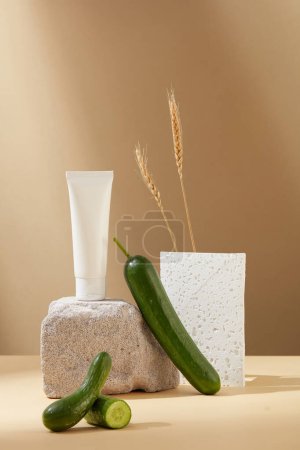 Photo for Minimalist backdrop adorned with fresh cucumbers and carefully arranged props, embodying a home-made cosmetics concept. Making it ideal for captivating cosmetic advertisements. - Royalty Free Image