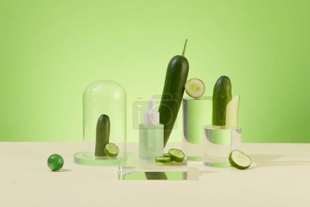 Photo for The serum bottle is placed on a transparent glass platform. Fresh cucumbers decorate the sides of the cylindrical podiums. Green-white background. Homemade cosmetics with natural ingredients. - Royalty Free Image