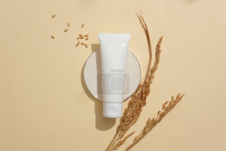 Photo for Unbranded cosmetic tube stands out on a minimalist beige background. Creating a vegan cosmetics brand featuring key ingredients sourced from rice bran. Copy space. - Royalty Free Image