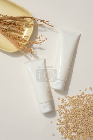Photo for Two blank label white tubes are displayed with a heap of rice wheat and yellow dish featured wheat ears. Rice water can help improve many eye problems - Royalty Free Image