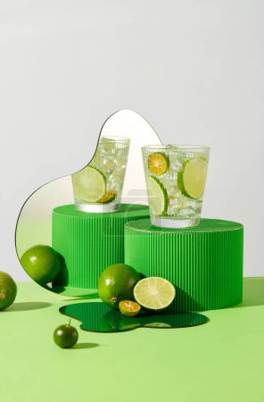Téléchargez les photos : Un verre contenant des tranches de citron frais et de la glace sur une plate-forme verte. L'image se reflète dans le miroir. Fond couleur pastel. Espace frais avec des fruits riches en vitamine C. - en image libre de droit