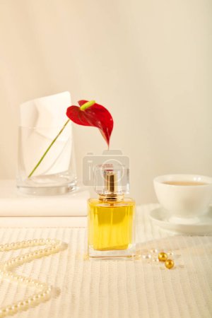 Téléchargez les photos : Vue de face d'un flacon de parfum jaune affiché sur fond beige avec vase de fleur rouge, tasse de café et collier de perles. Scène pour la publicité de produits à base d'huile essentielle avec maquette pour le design - en image libre de droit