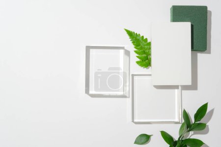 Téléchargez les photos : Cylindre en verre réaliste avec une touche de feuilles vertes sur un fond blanc propre. Scène minimaliste pour la mise en scène et la vitrine de produits maquillés, avec des formes géométriques vectorielles abstraites. - en image libre de droit