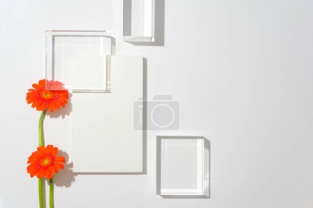 Foto de Un podio de cristal con flores de gerberas para escaparate de productos cosméticos, soporte geométrico para maquetas de joyería, con bloques de acrílico sobre un fondo blanco limpio. - Imagen libre de derechos