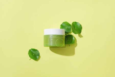 Photo for View from above of an unbranded moisturizer jar with fresh pennywort leaves standing out against a pastel background. Branding with blank labels. - Royalty Free Image