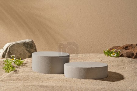 Photo for Gray podiums in cylinder and round shape decorated with Feverfew flowers and blocks of stone. Tropical leaf shadow. Stage showcase on minimal podium display - Royalty Free Image
