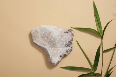 Photo for Product and promotion concept for advertising - a small gray stone as an empty podium on brown background with green bamboo leaves. Blank space for cosmetic product presentation. - Royalty Free Image