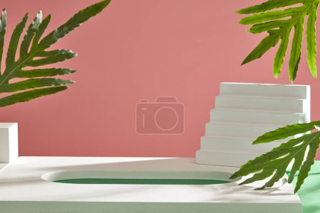 Photo for Scene for advertising and branding product with blank space on podiums. White stairway, geometric shape of podium and green leaves stand out on pink background. - Royalty Free Image