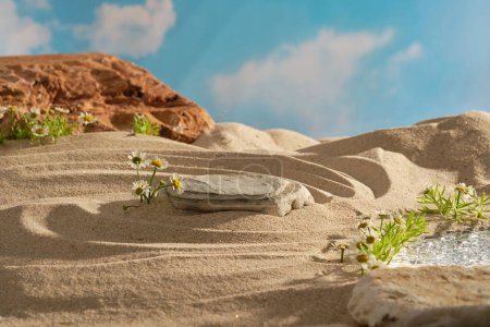 Escena natural con una roca sobre arena con pequeño lago y matricaria sobre fondo azul del cielo. El espacio vacío sobre piedra forma un pedestal para la presentación de maquetas de productos cosméticos y envases
