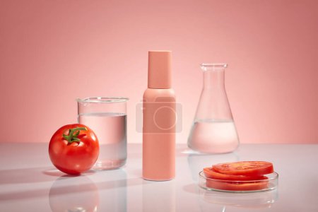 Photo for A pink bottle unbranded display on a pink background with lab glassware. Tomato slices in petri dish, beaker and erlenmeyer flask containing transparent liquid. Space for design. Laboratory concept - Royalty Free Image