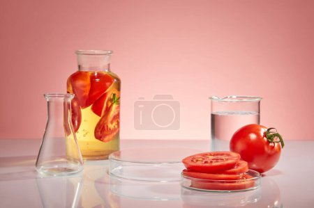 Tema de laboratorio con cristalería de laboratorio que contiene esencia de tomate y tomate fresco decorado sobre un fondo rosa. Espacio en blanco para colocar su producto.
