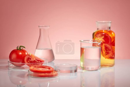 Kosmetische Laborforschung und -entwicklung - vor rosa Hintergrund Laborgläser mit frischen Tomaten und Tomatenessenz. Leerer Raum auf transparentem Podium für die Präsentation kosmetischer Produkte.
